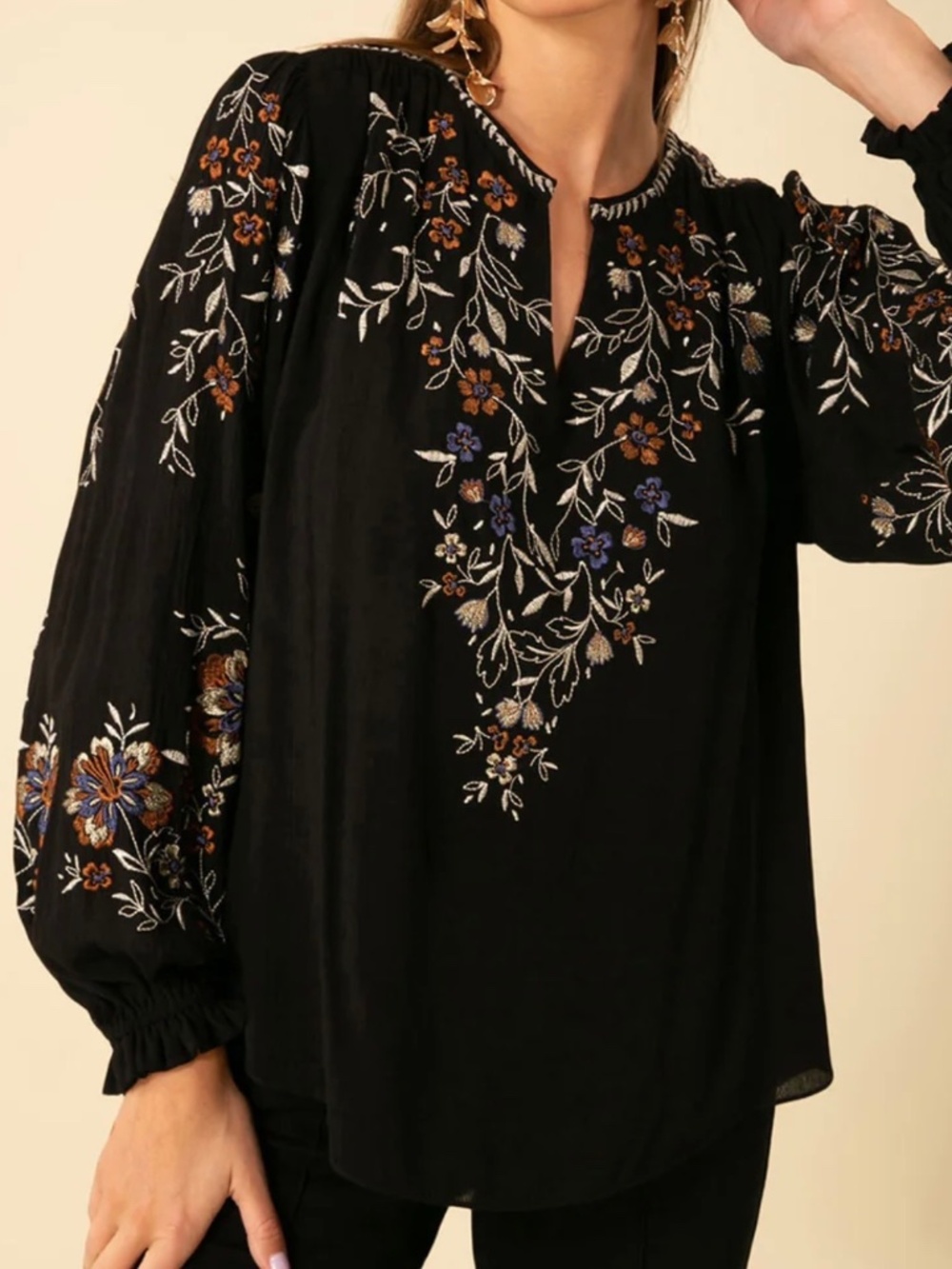 Hale Bob S Black Royalty Embroidered Long Sleeve Top NEW No Tags Lined Bohemian